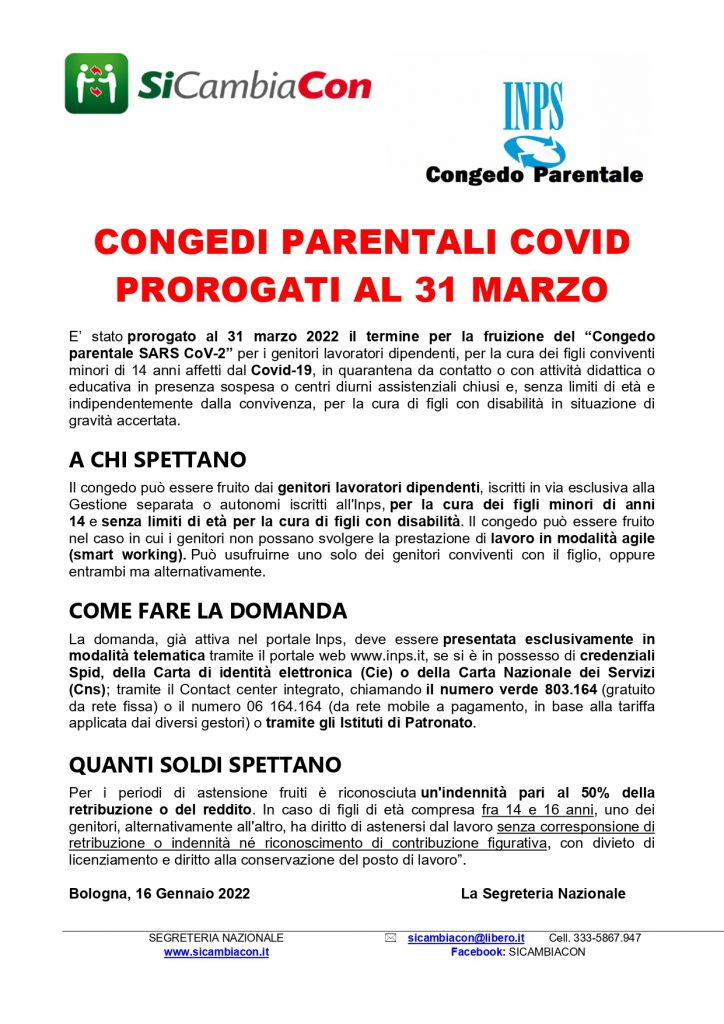 CONGEDI PARENTALI Covid PROROGATI al 31 marzo