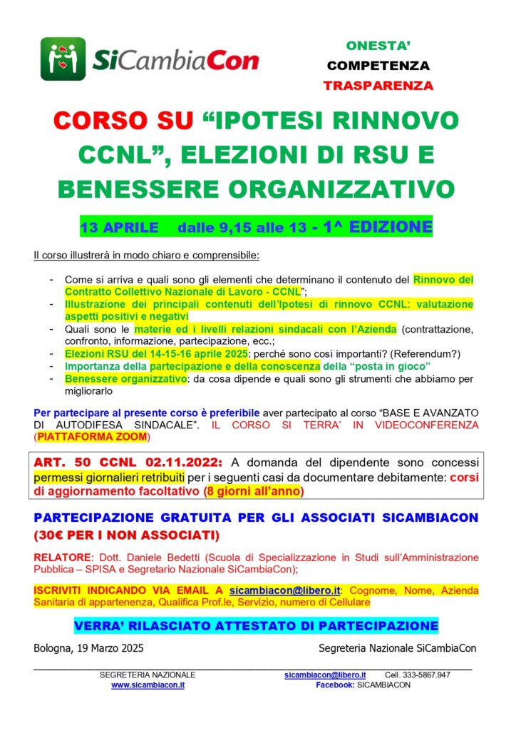 CORSO SU IPOTESI RINNOVO CCNL, BENESSERE ORGANIZZATIVO, ELEZIONI DI RSU